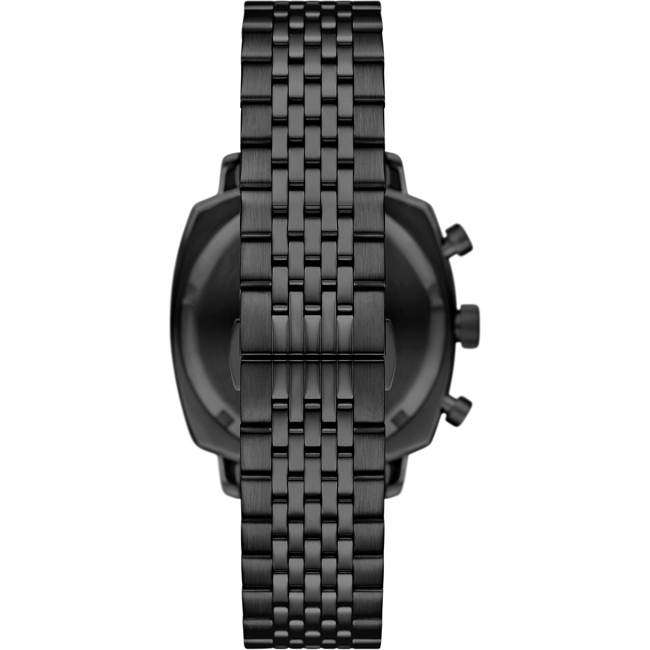 Rückansicht der Emporio Armani Herrenuhr aus schwarzem Edelstahl mit Chronographenfunktion und Gliederarmband.