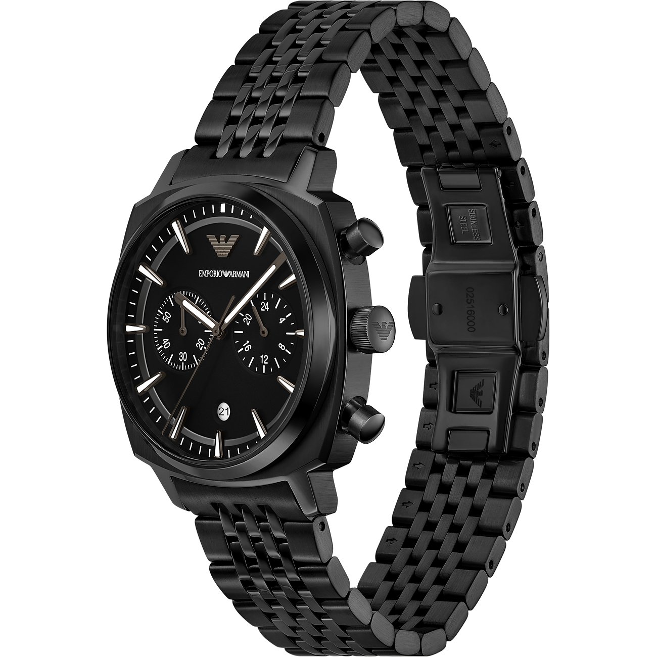 Eine schwarze Emporio Armani Herrenuhr aus Edelstahl, leicht schräg von vorne gesehen.