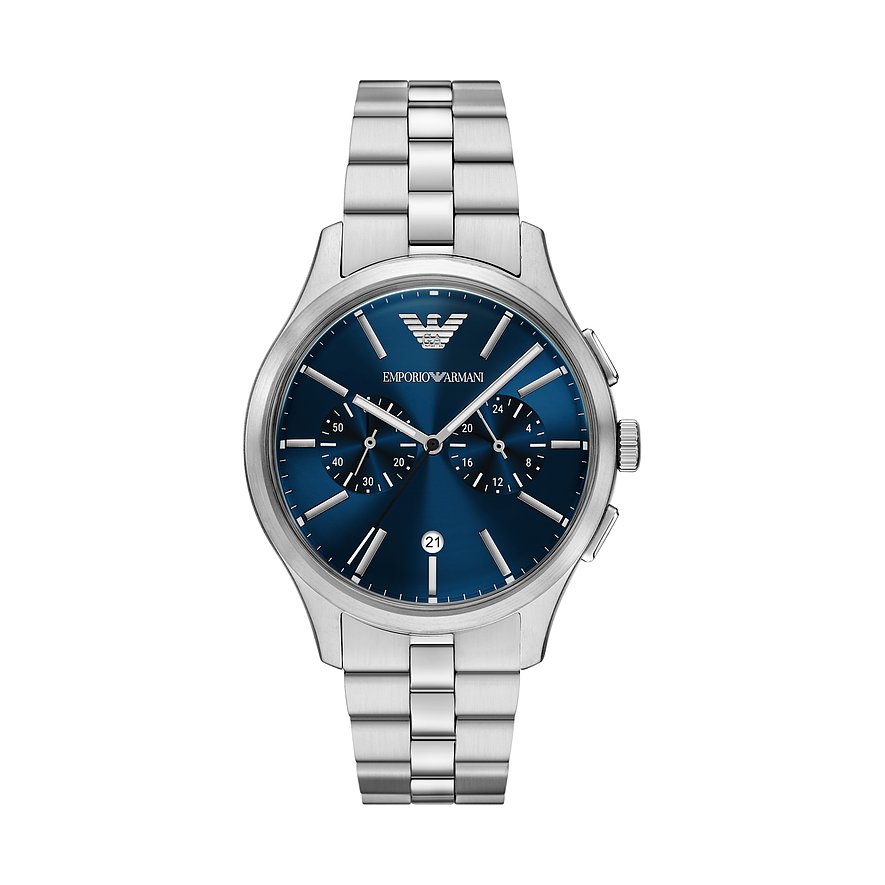 Eine Emporio Armani Herrenuhr aus blauem und silbernem Edelstahl mit Chronograph Details und Datumsanzeige.