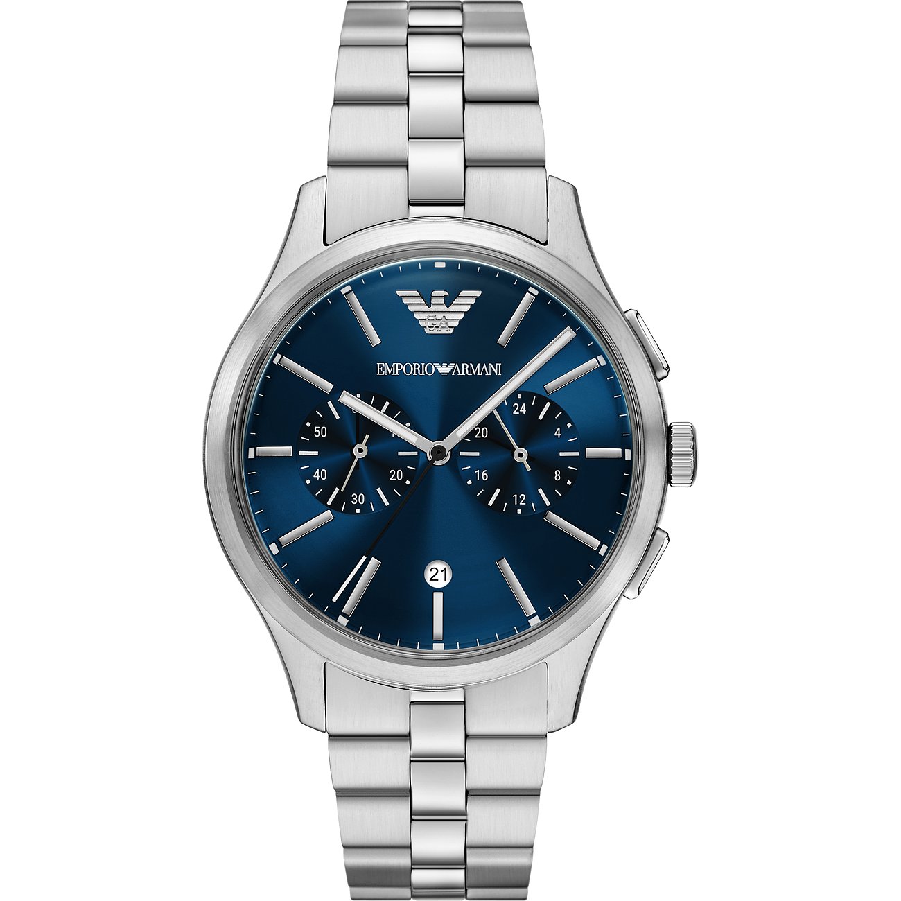 Eine Emporio Armani Herrenuhr aus blauem und silbernem Edelstahl mit Chronograph Details und Datumsanzeige.