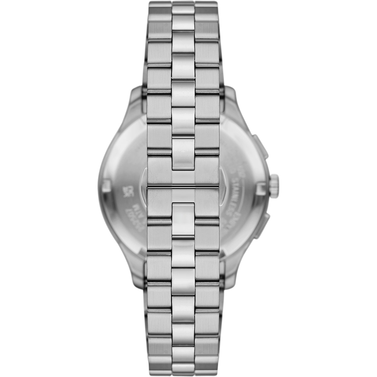 Rückansicht der Emporio Armani Herrenuhr aus Edelstahl mit sichtbaren Details auf der Gehäuserückseite.
