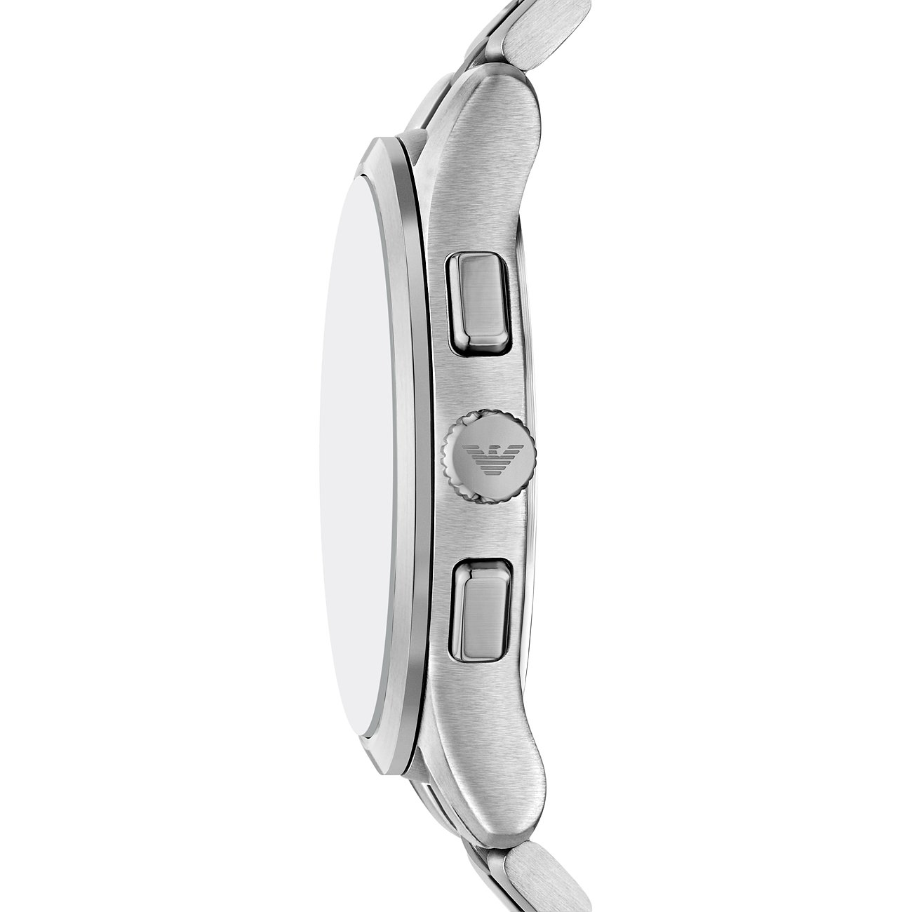 Seitenansicht einer silberfarbenen Emporio Armani Herrenuhr aus Edelstahl, mit seitlichen Knöpfen und Gravur auf der Krone.