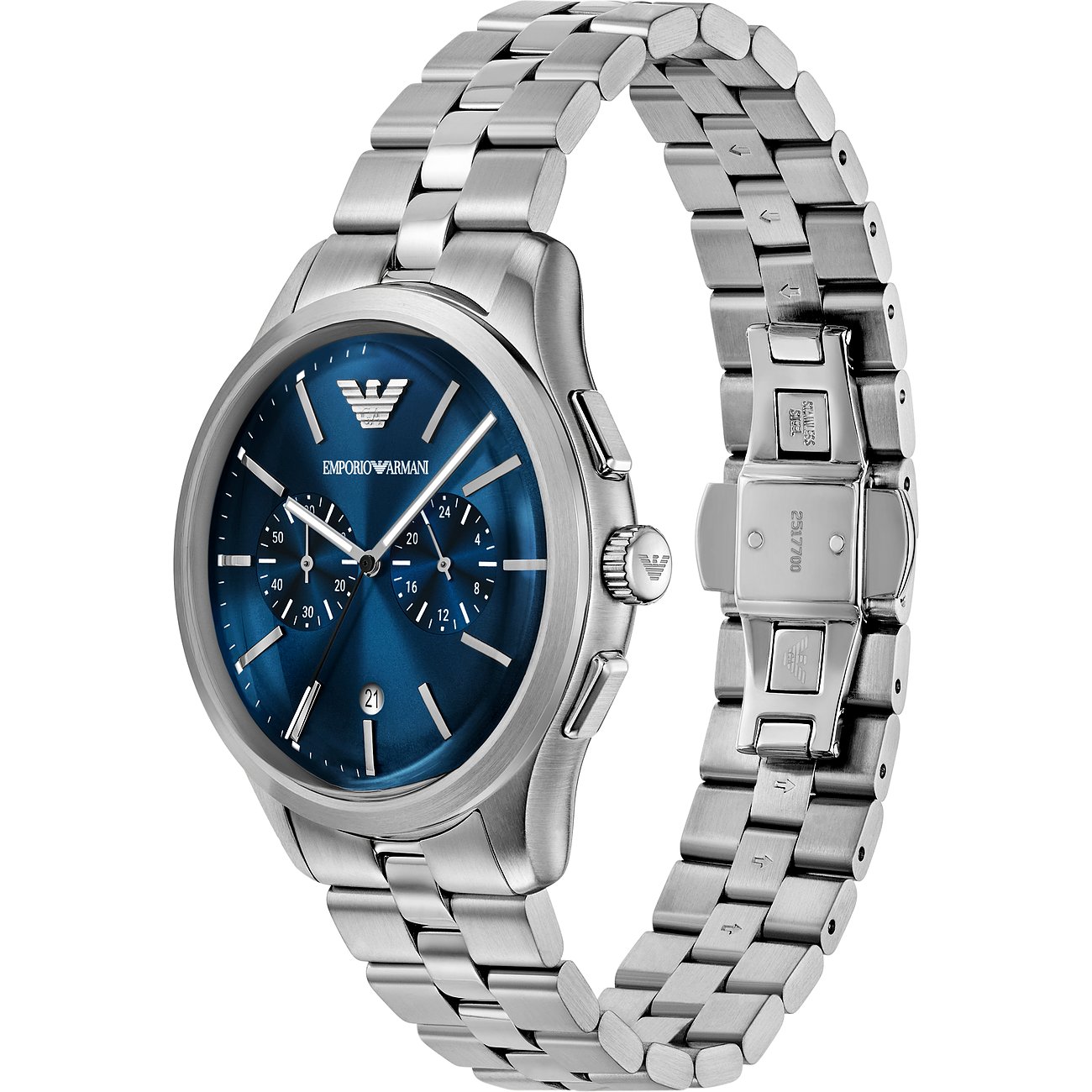 Emporio Armani Herrenuhr aus Edelstahl mit blauem Zifferblatt und Chronographenfunktionen, schräg von links oben.