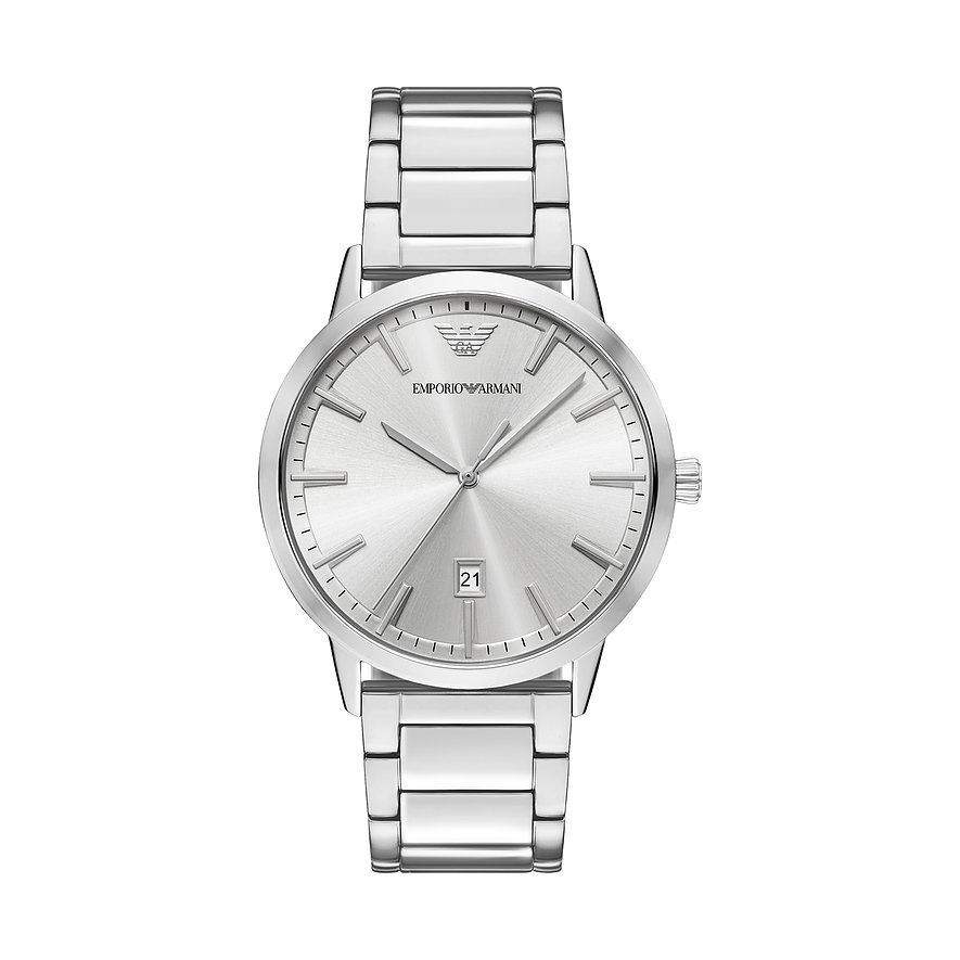 Emporio Armani Herrenuhr aus Edelstahl mit silbernem Zifferblatt und Datumsanzeige, frontal aufgenommen.