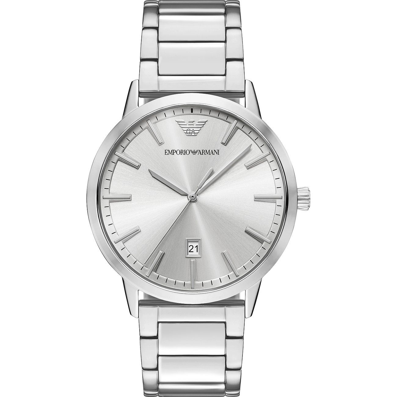 Emporio Armani Herrenuhr aus Edelstahl mit silbernem Zifferblatt und Datumsanzeige, frontal aufgenommen.