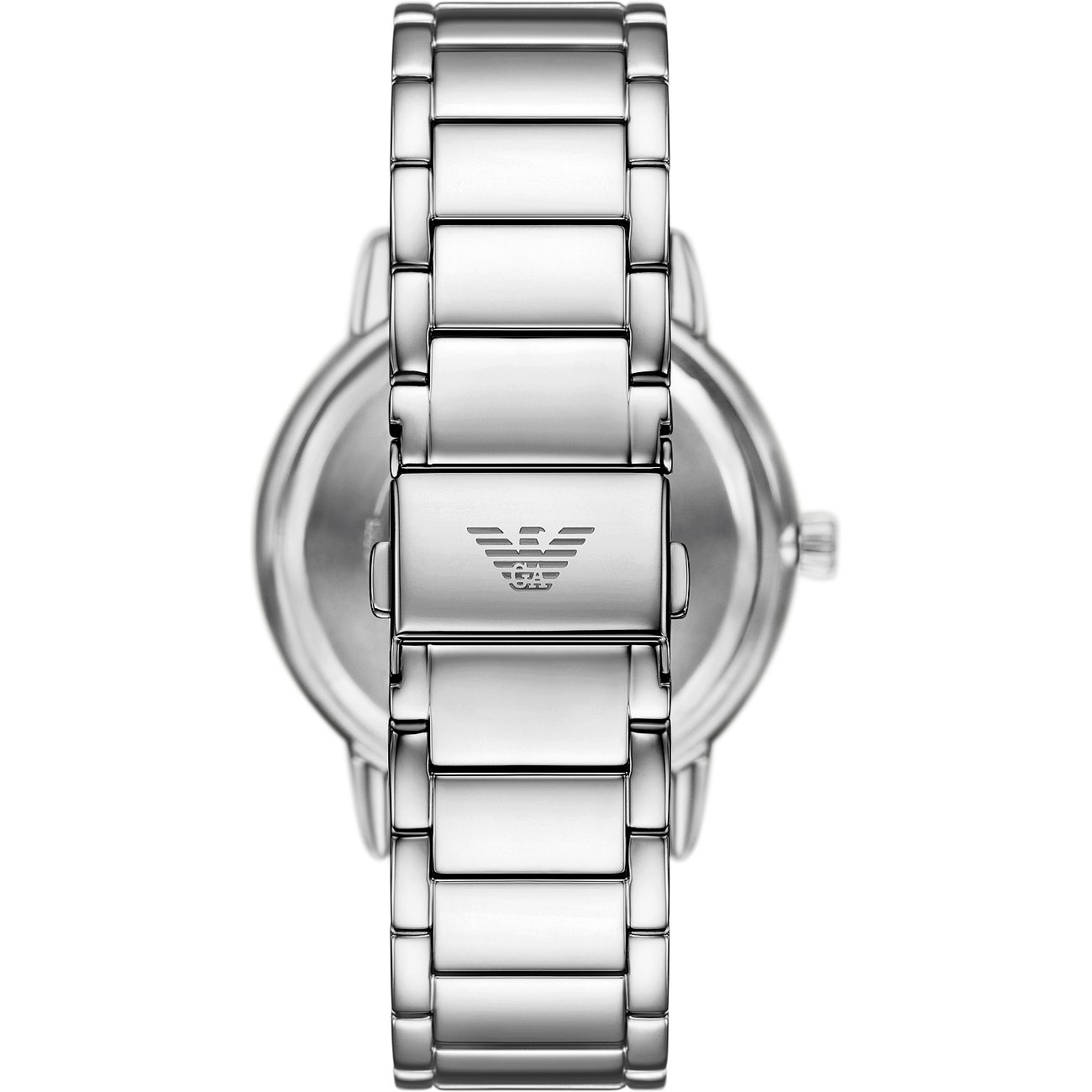 Rückansicht der Emporio Armani Herrenuhr aus Edelstahl, mit Fokus auf das Armband und die Faltschließe.