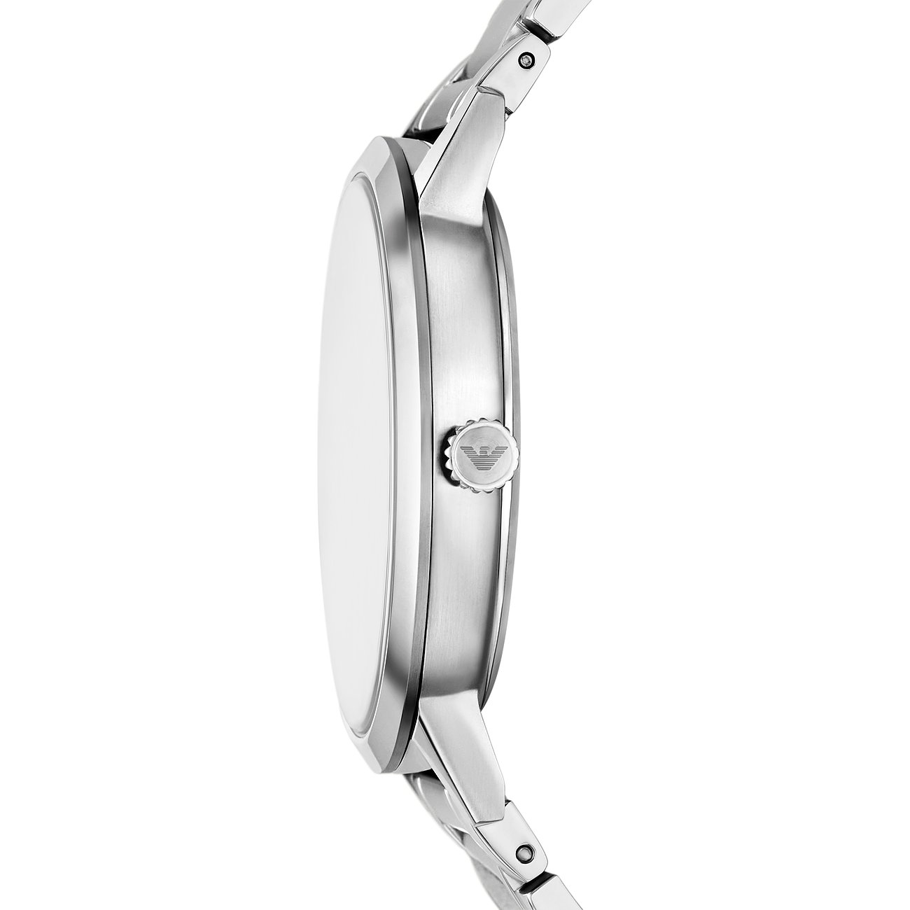 Seitenansicht der Emporio Armani Herrenuhr aus Edelstahl mit sichtbarer Krone und Uhrenband.