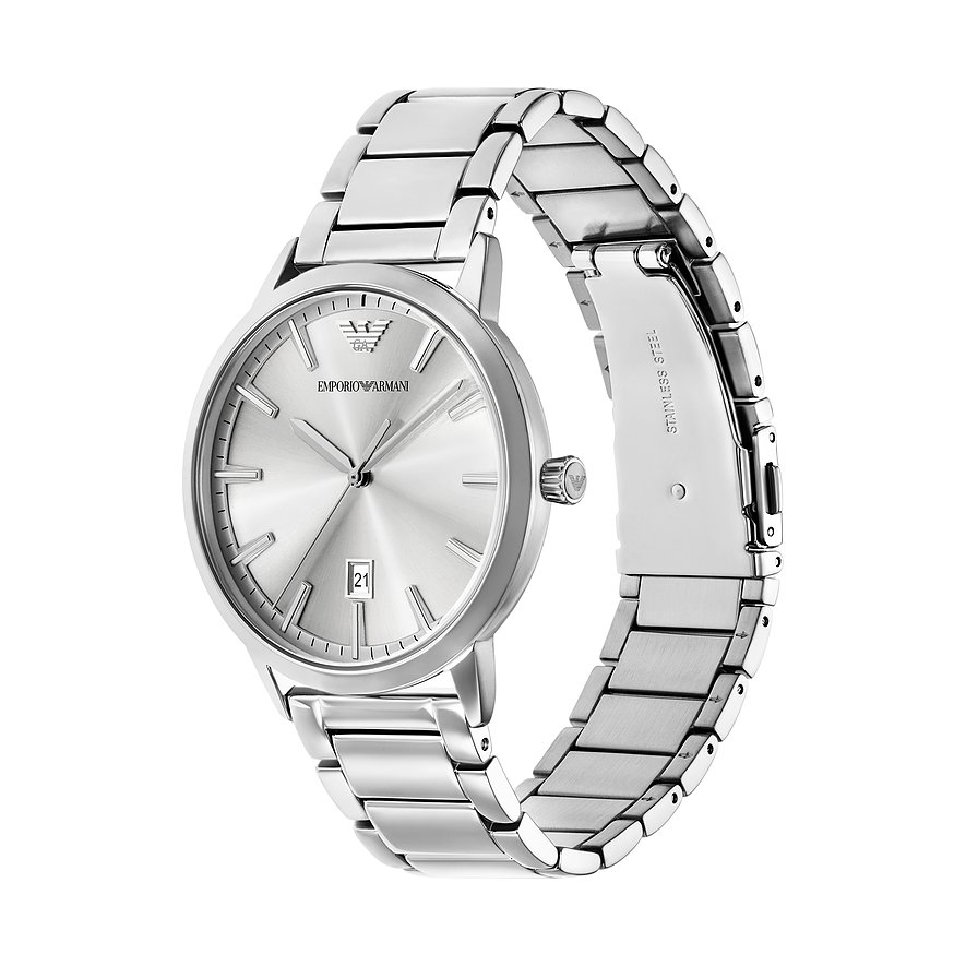 Emporio Armani Herrenuhr aus Edelstahl mit silbernem Ziffernblatt und Datumsanzeige, schräg von vorne aufgenommen.