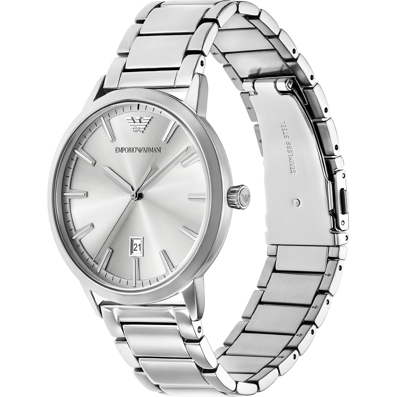 Emporio Armani Herrenuhr aus Edelstahl mit silbernem Ziffernblatt und Datumsanzeige, schräg von vorne aufgenommen.