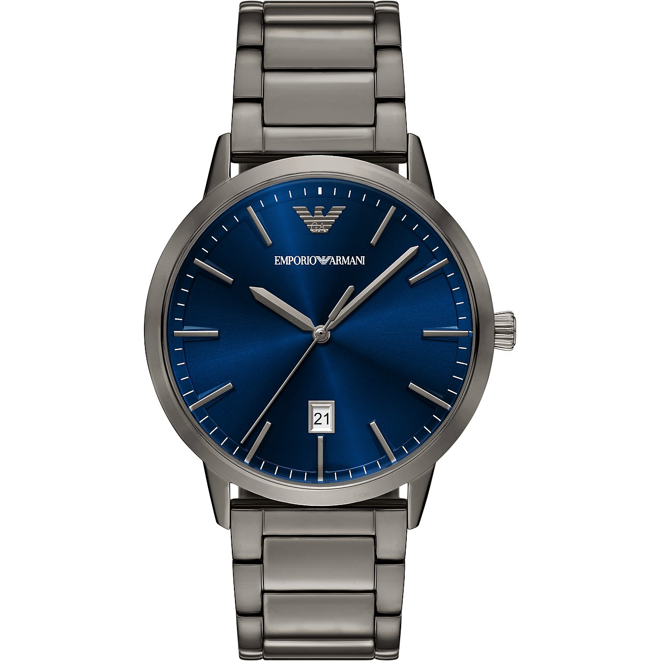 Emporio Armani Herrenuhr aus blauem Edelstahl mit Datumsanzeige auf weißem Hintergrund.