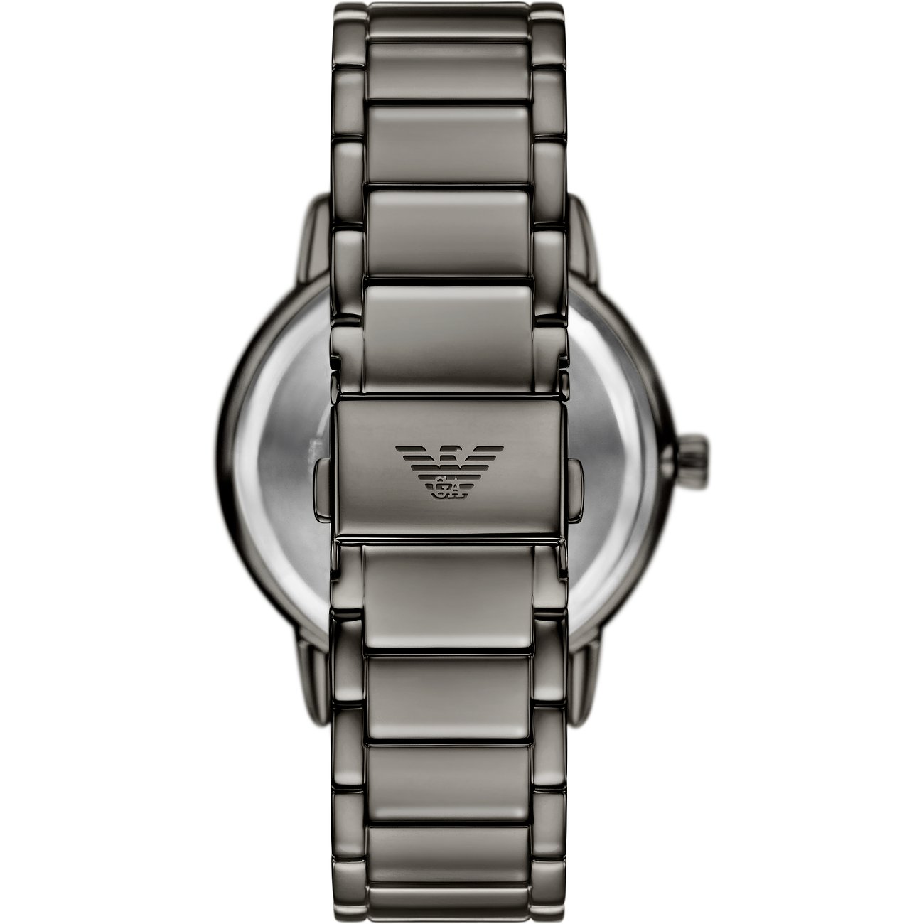 Rückansicht der Emporio Armani Herrenuhr aus dunkelgrauem Edelstahl. Das Zifferblatt ist leicht sichtbar.