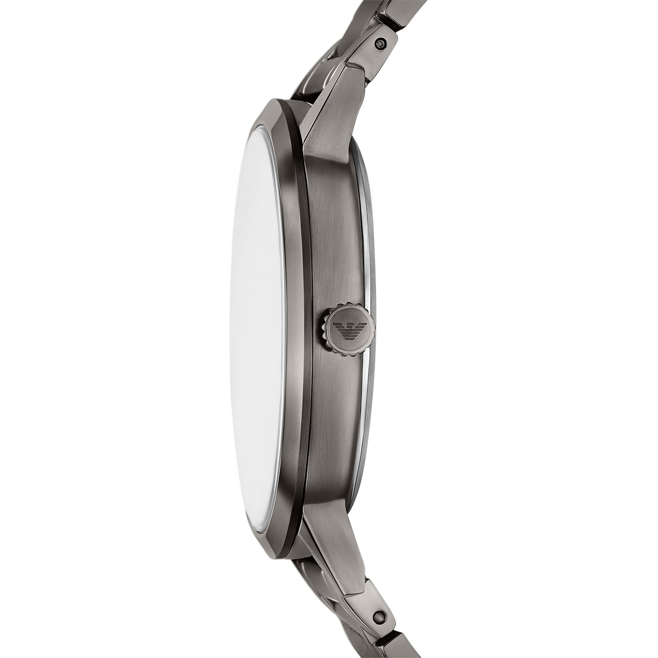 Seitenansicht der Emporio Armani Herrenuhr aus dunkelgrauem Edelstahl mit weißem Zifferblatt und Krone.
