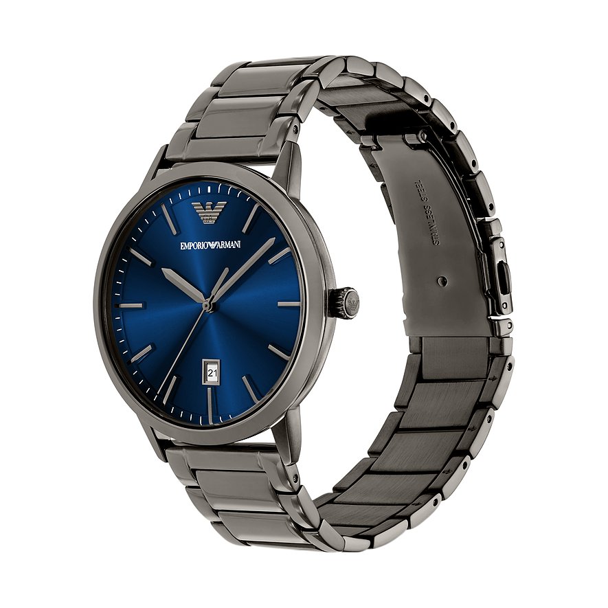 Emporio Armani Herrenuhr aus Edelstahl mit blauem Zifferblatt und Datumsanzeige, schräg von oben aufgenommen.