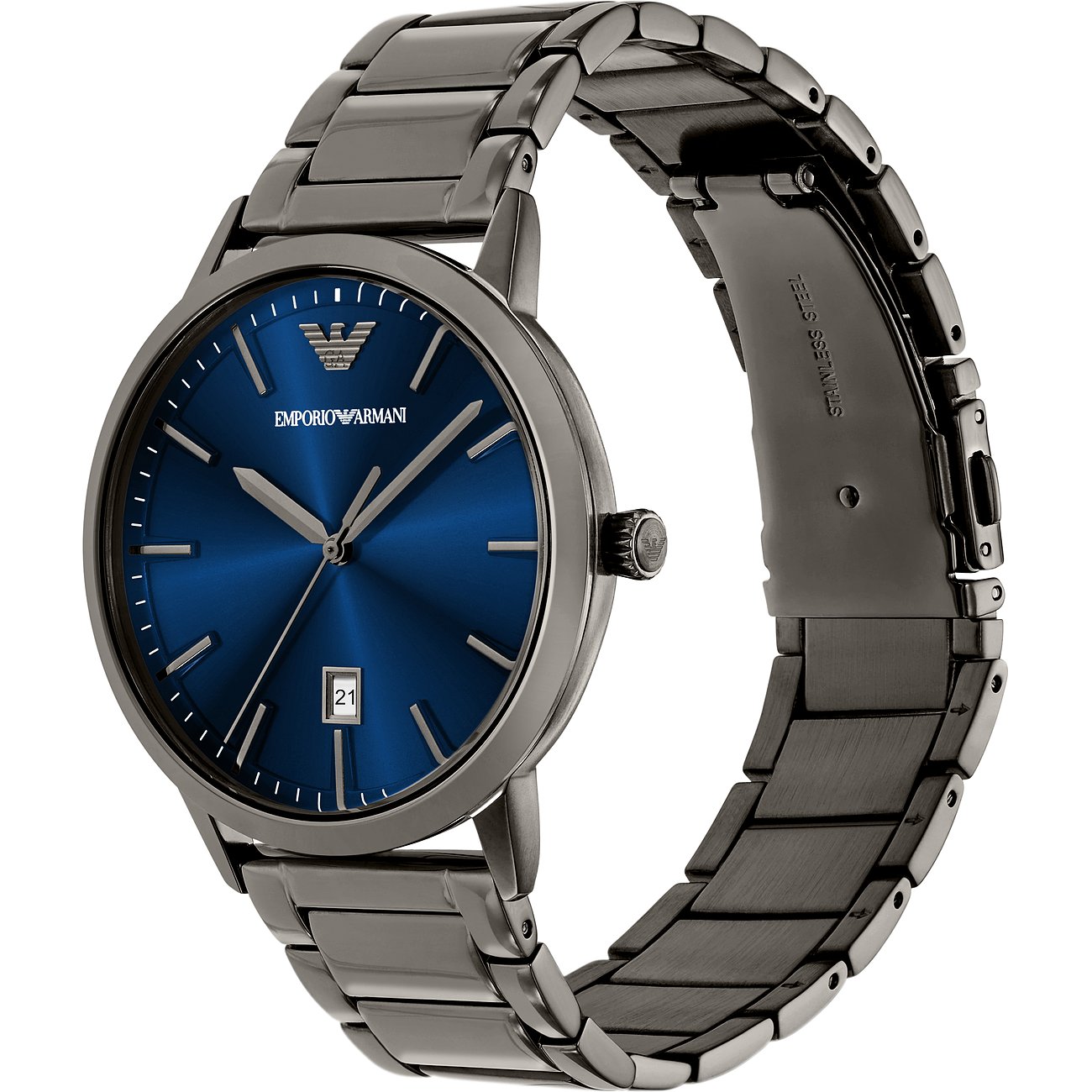 Emporio Armani Herrenuhr aus Edelstahl mit blauem Zifferblatt und Datumsanzeige, schräg von oben aufgenommen.