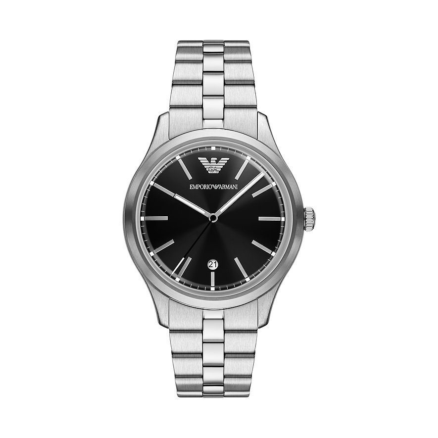 Emporio Armani Herrenuhr aus silberfarbenem Edelstahl mit schwarzem Zifferblatt und Datumsanzeige.