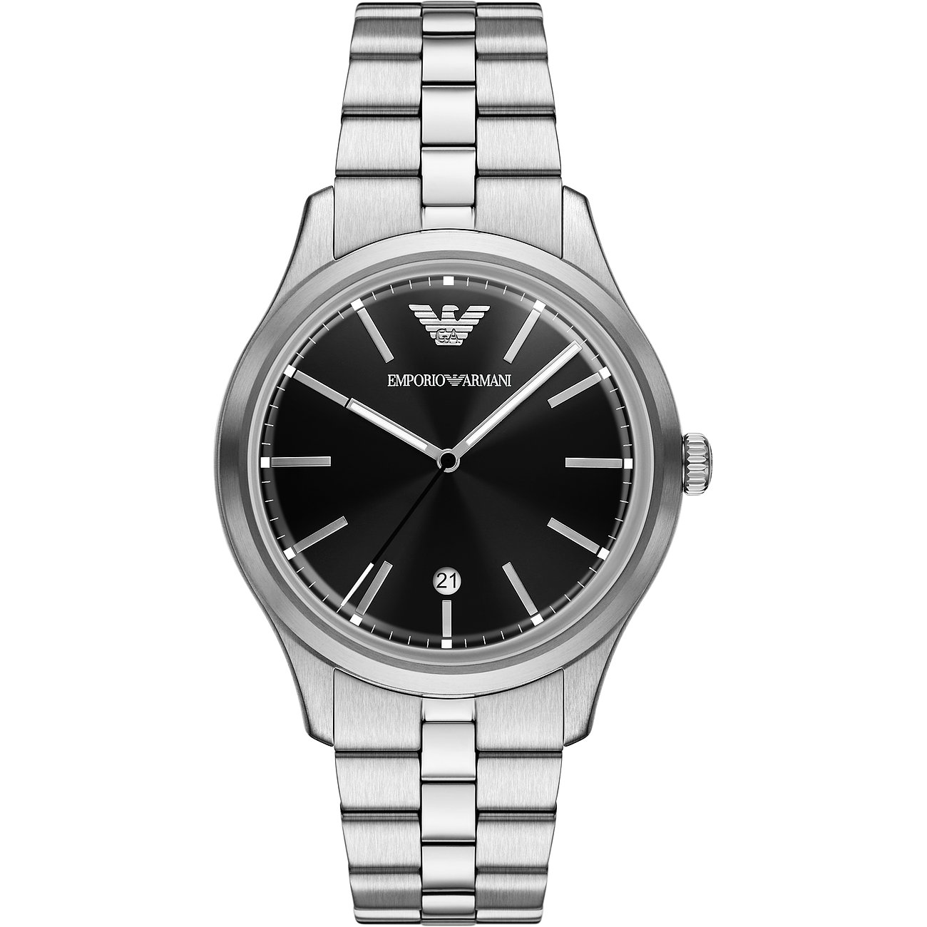 Emporio Armani Herrenuhr aus silberfarbenem Edelstahl mit schwarzem Zifferblatt und Datumsanzeige.