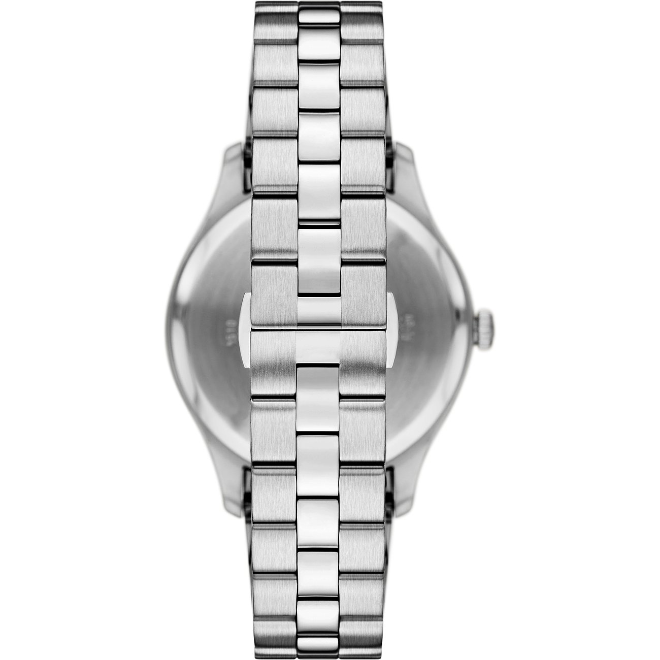 Rückansicht der Emporio Armani Herrenuhr aus Edelstahl, mit detailliertem Blick auf das gebürstete und polierte Gliederarmband.