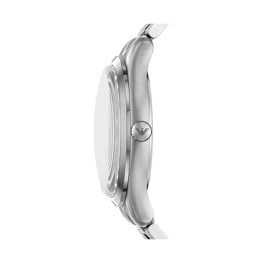 Seitenansicht einer Emporio Armani Herrenuhr aus Edelstahl mit sichtbarer Krone.