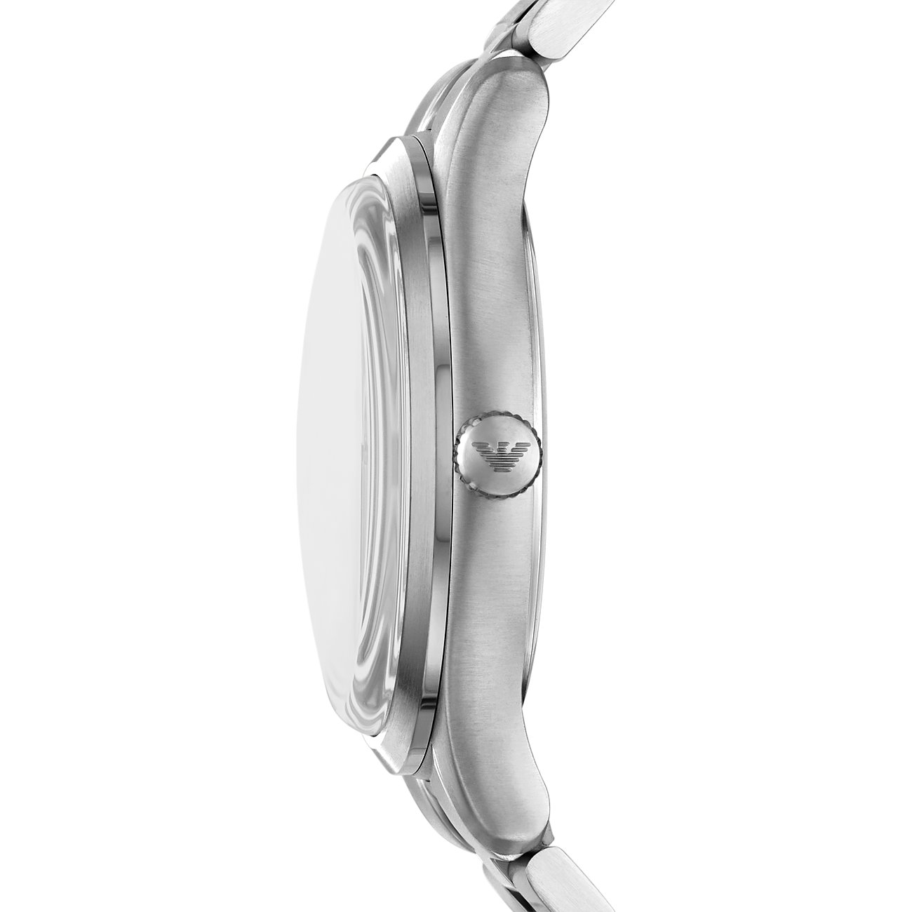 Seitenansicht einer Emporio Armani Herrenuhr aus Edelstahl mit sichtbarer Krone.