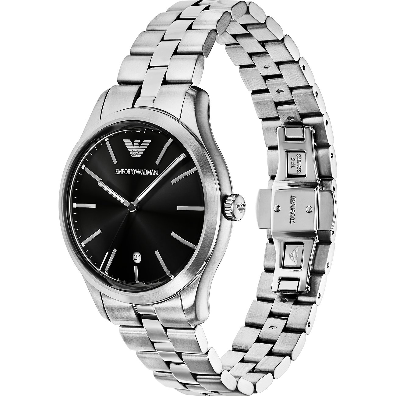 Eine EMPORIO ARMANI Herrenuhr aus Edelstahl mit schwarzem Zifferblatt und Datumsanzeige, leicht angewinkelt dargestellt.
