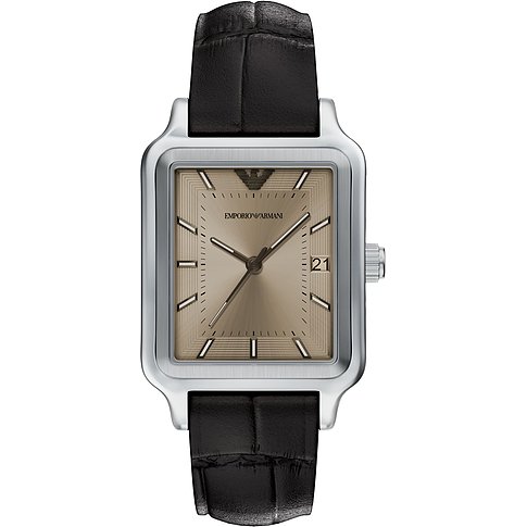 Emporio Armani Herrenuhr aus Edelstahl mit quadratischem goldbraunem Zifferblatt und schwarzem Lederarmband.