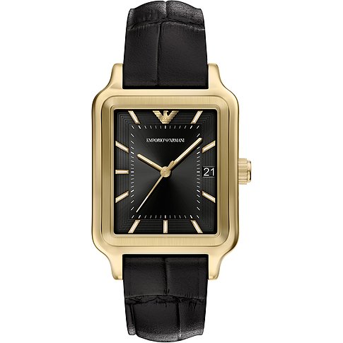 Emporio Armani Herrenuhr aus goldfarbenem Edelstahl mit schwarzem Zifferblatt und schwarzem Lederarmband.