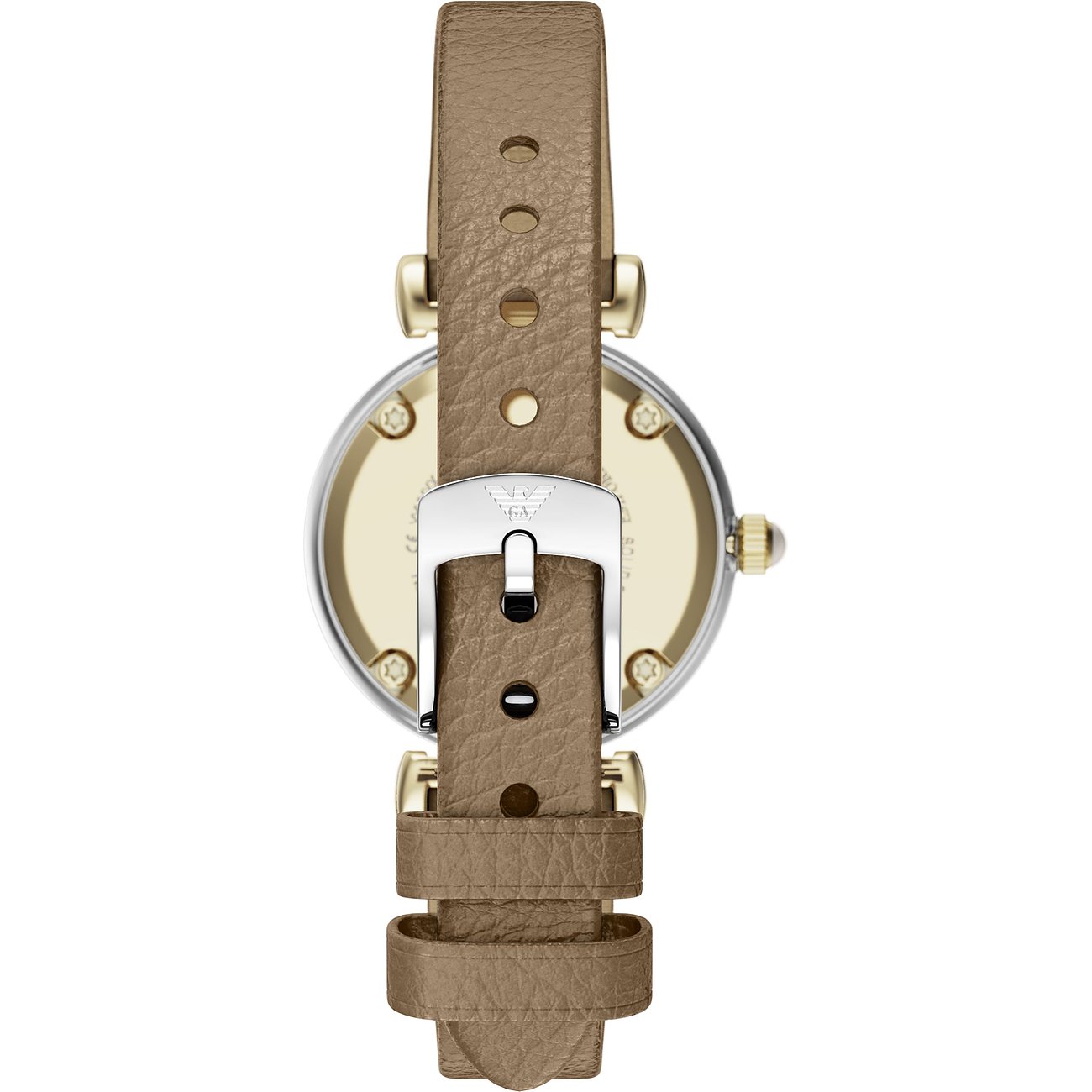 Vue arrière de la montre femme Emporio Armani en acier inoxydable, bracelet cuir beige, boucle ardillon argentée.