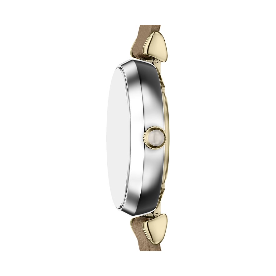 Vue latérale d'une montre femme Emporio Armani en acier inoxydable, boîtier doré et bracelet beige.