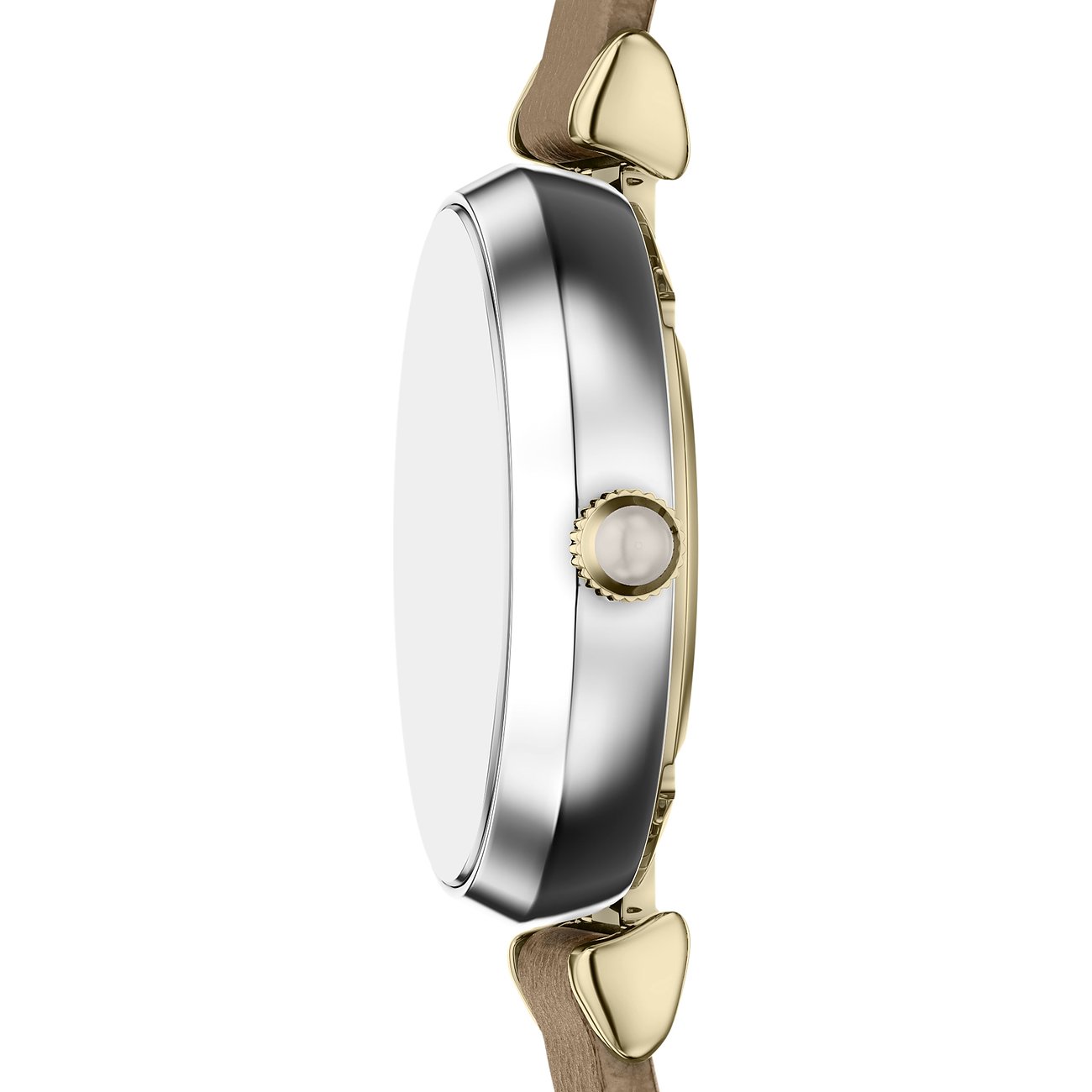 Vue latérale d'une montre femme Emporio Armani en acier inoxydable, boîtier doré et bracelet beige.