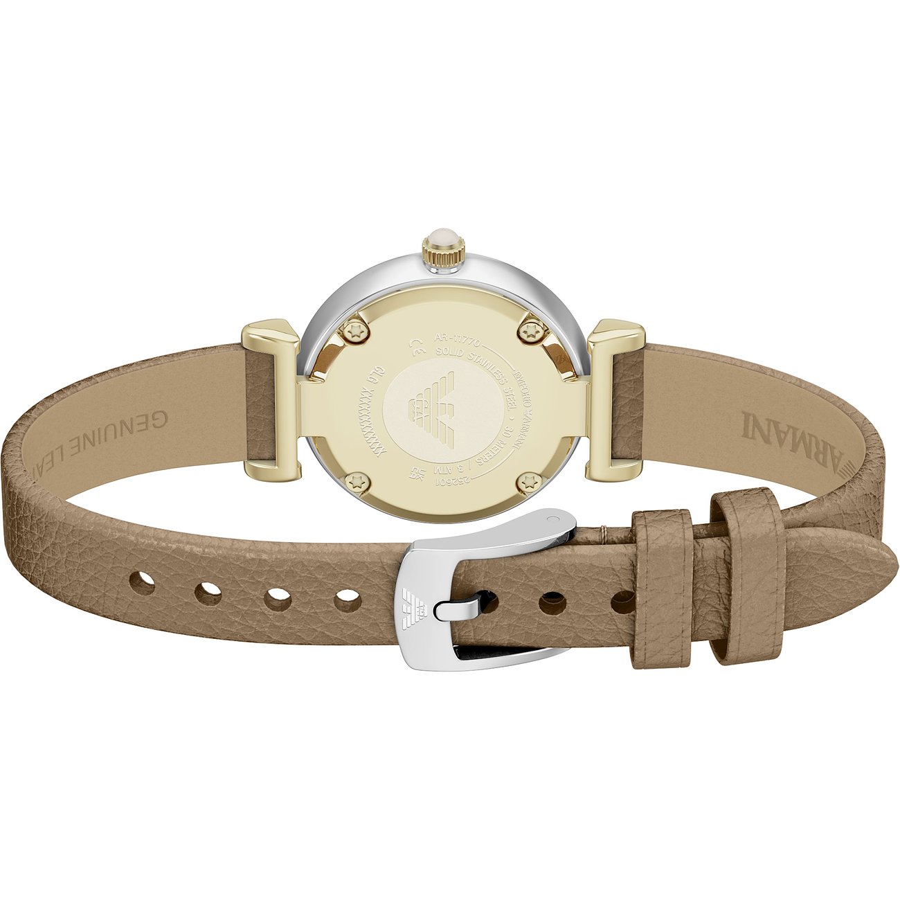 Vue arrière de la montre femme Emporio Armani en acier inoxydable doré, bracelet cuir beige et boucle argent polie.