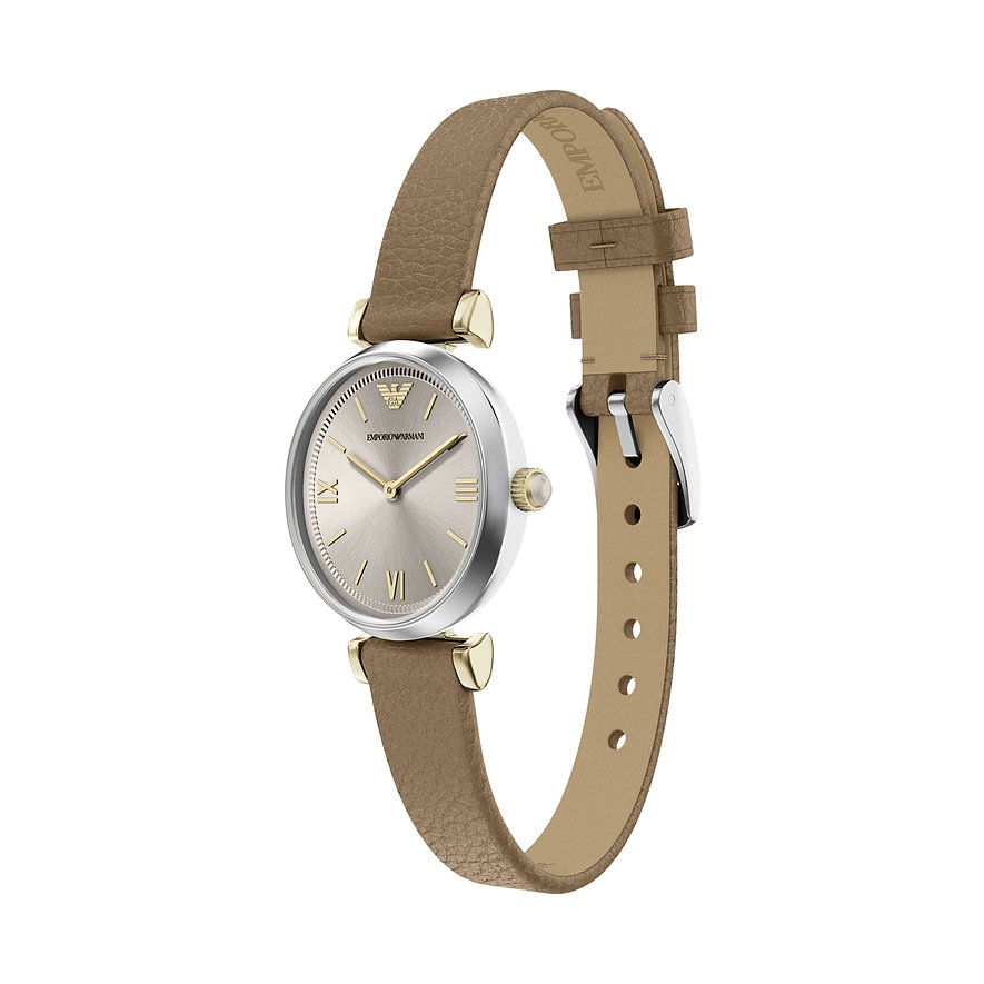 Montre femme Emporio Armani en acier inoxydable avec cadran or rose et bracelet en cuir beige.
