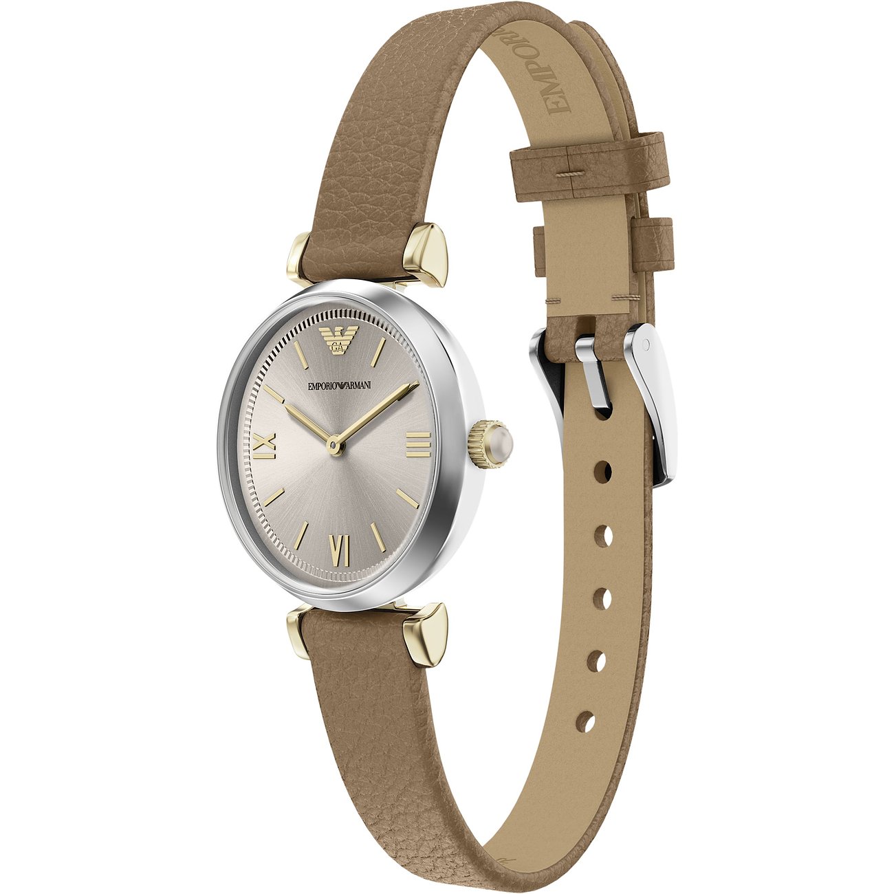 Montre femme Emporio Armani en acier inoxydable avec cadran or rose et bracelet en cuir beige.