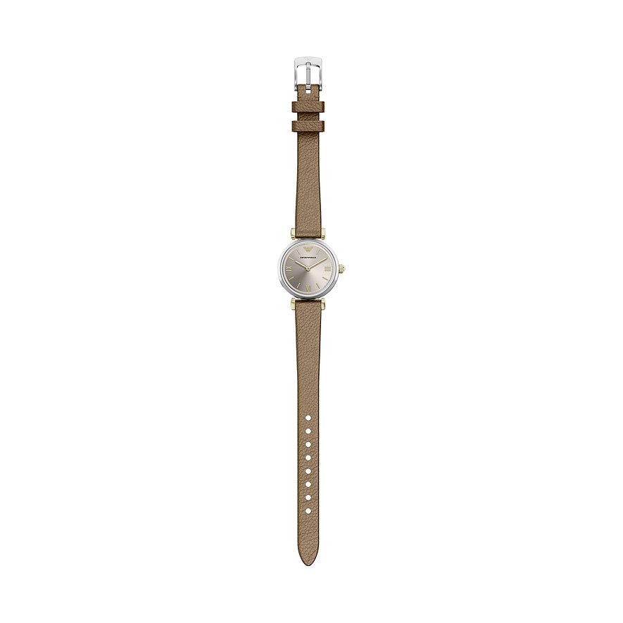 Montre femme Emporio Armani en acier inoxydable, cadran ovale, bracelet en cuir marron, vue de dessus.