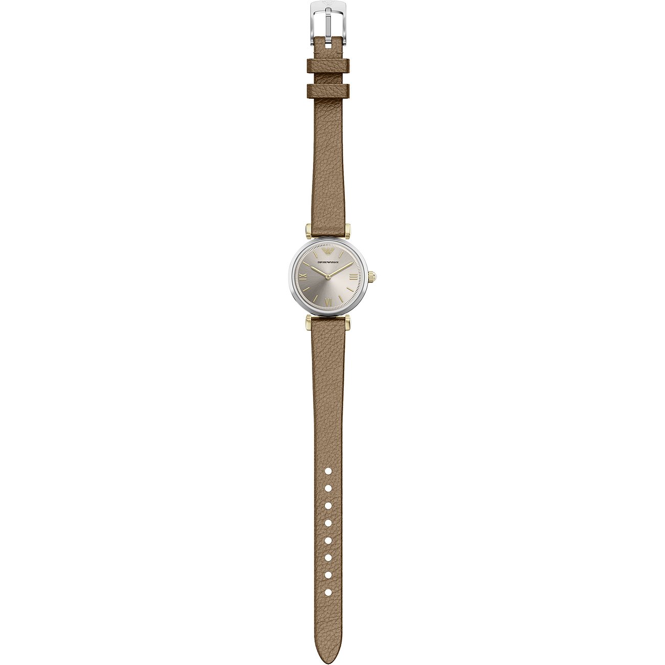 Montre femme Emporio Armani en acier inoxydable, cadran ovale, bracelet en cuir marron, vue de dessus.
