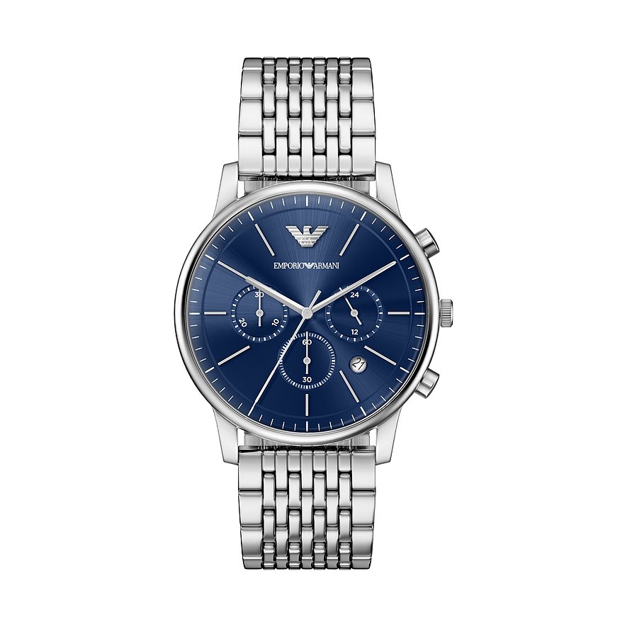 Orologio da uomo Emporio Armani in acciaio inossidabile color argento con quadrante blu scuro e funzioni cronografo.