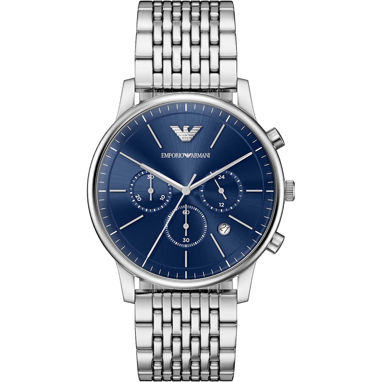Orologio da uomo Emporio Armani in acciaio inossidabile color argento con quadrante blu scuro e funzioni cronografo.