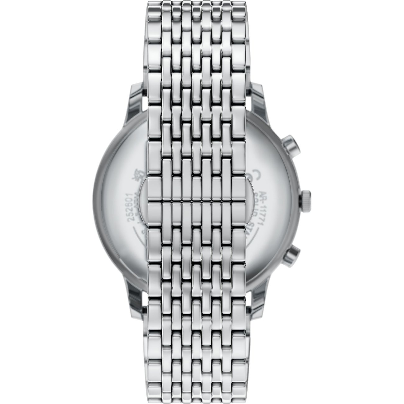 Vista posteriore dell'orologio da uomo Emporio Armani in acciaio inossidabile, dettagliato con numeri di referenza incisi.
