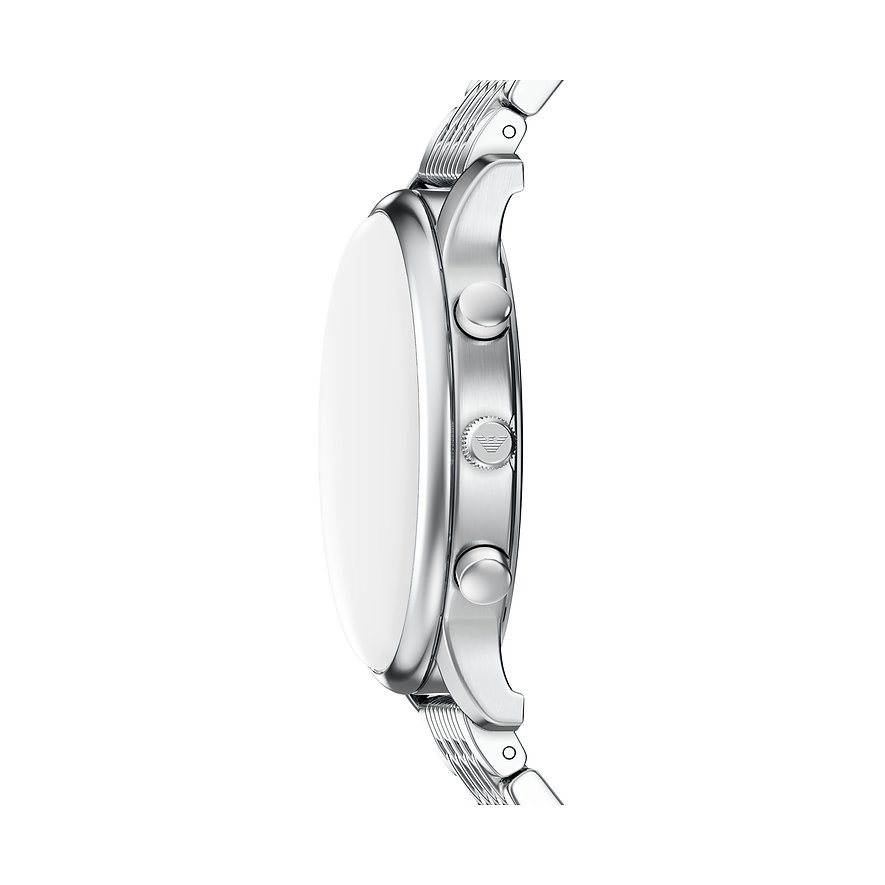 Vista laterale di orologio da uomo Emporio Armani in acciaio inox, con quadrante lucido e tre pulsanti laterali.