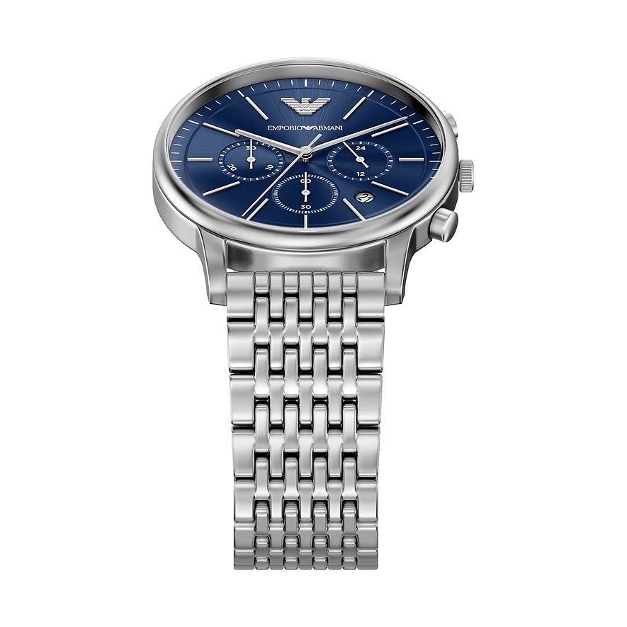 Orologio da uomo Emporio Armani acciaio inossidabile, quadrante blu, cronografo, ripreso dall'alto in diagonale.