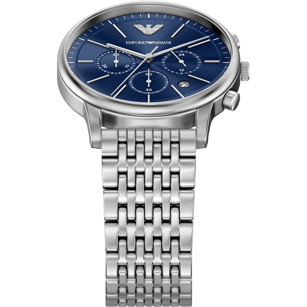 Orologio da uomo Emporio Armani acciaio inossidabile, quadrante blu, cronografo, ripreso dall'alto in diagonale.
