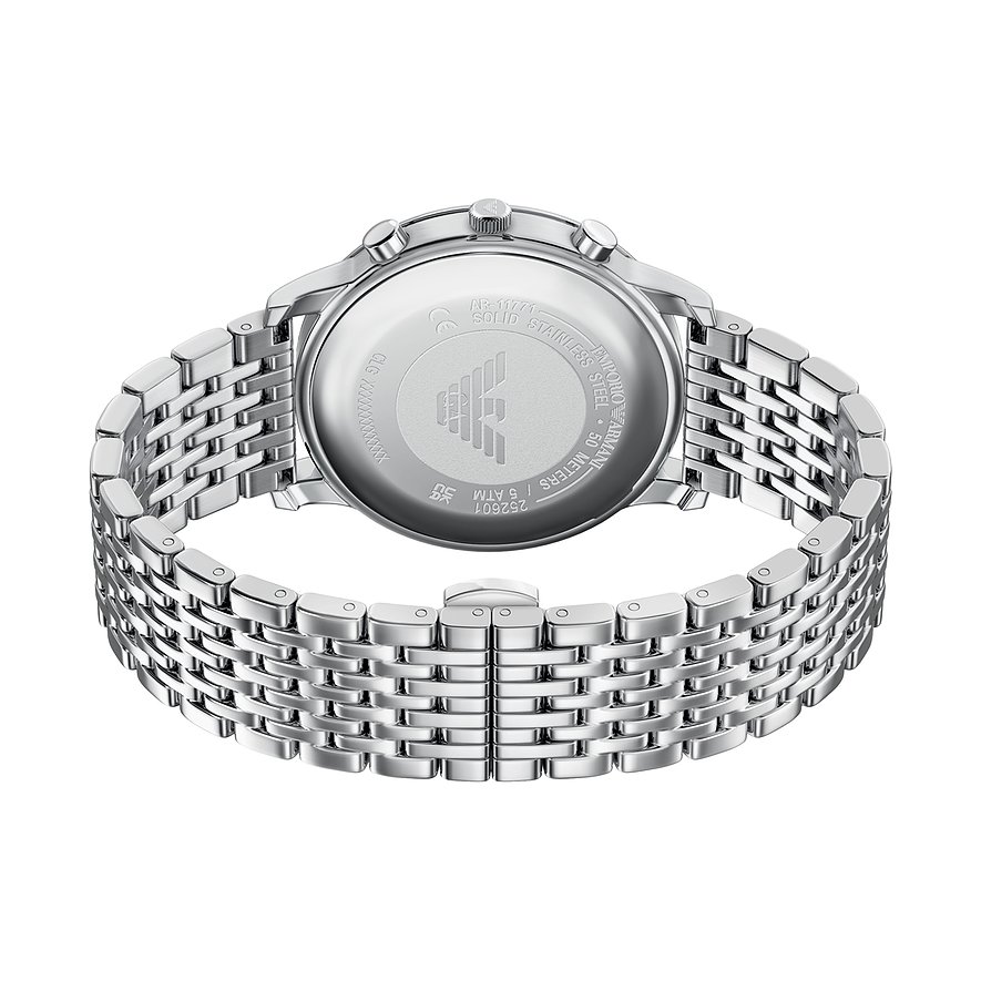 Retro orologio uomo Emporio Armani in acciaio, incisioni sul fondo cassa e cinturino metallico.