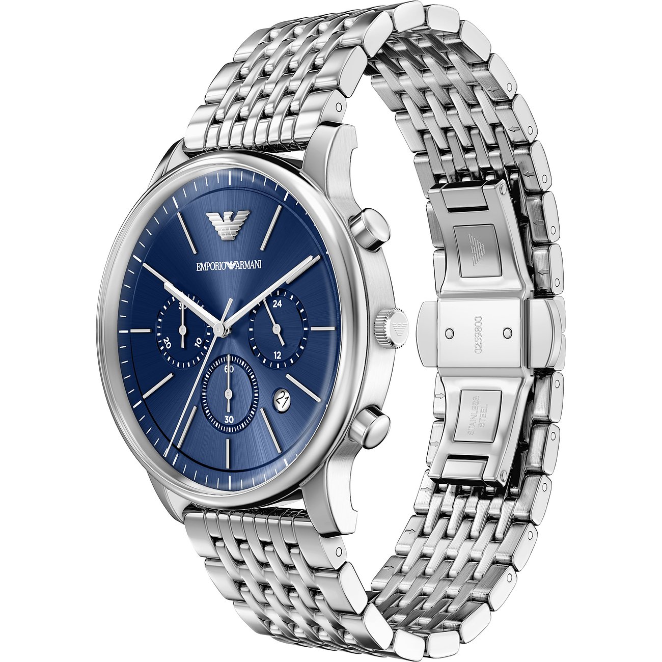 Orologio da uomo Emporio Armani in acciaio blu con cronografo e datario, ripreso diagonalmente dall'alto.