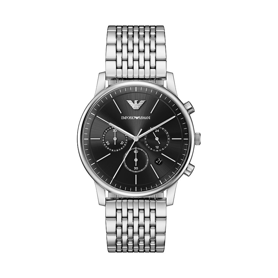 Orologio uomo Emporio Armani in acciaio inossidabile, funzione cronografo, bracciale a maglie argento, quadrante nero.