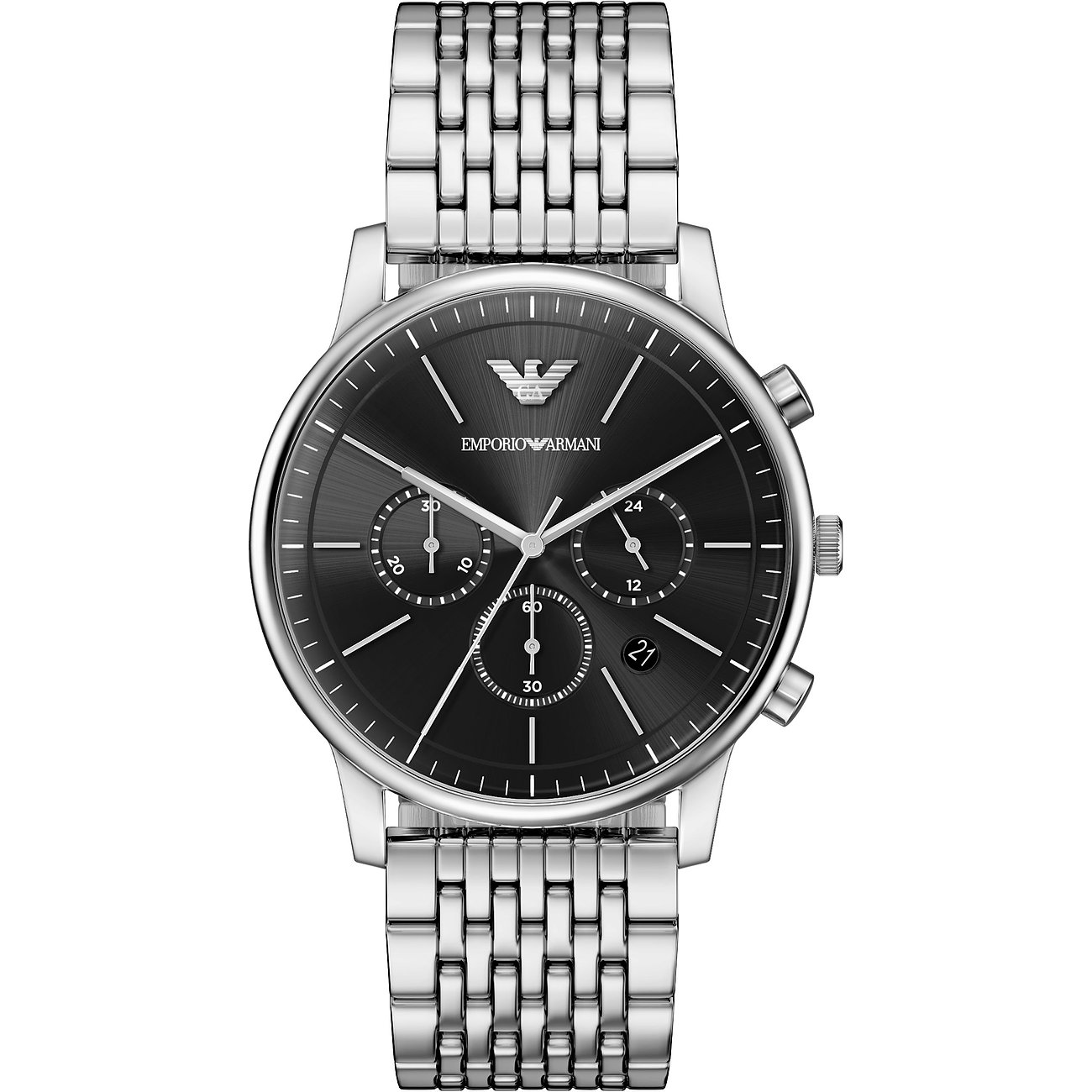 Orologio uomo Emporio Armani in acciaio inossidabile, funzione cronografo, bracciale a maglie argento, quadrante nero.