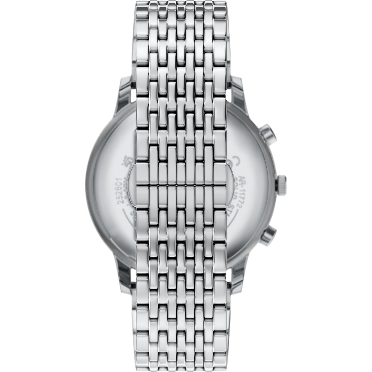 Vista posteriore dell'orologio da uomo Emporio Armani in acciaio inossidabile color argento con cronografo e cassa incisa.