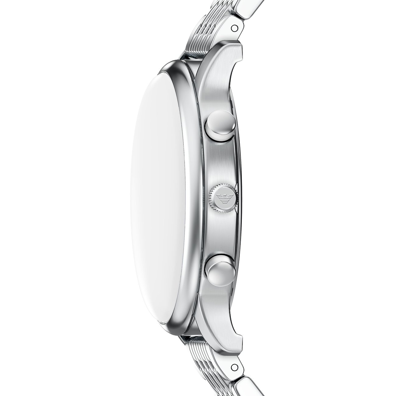 Vista laterale dell'orologio da uomo Emporio Armani in acciaio inossidabile color argento con tre pulsanti e corona.