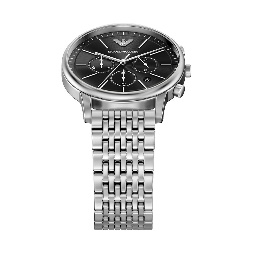 Orologio da uomo Emporio Armani in acciaio inox con cronografo, quadrante nero e lancette color argento.