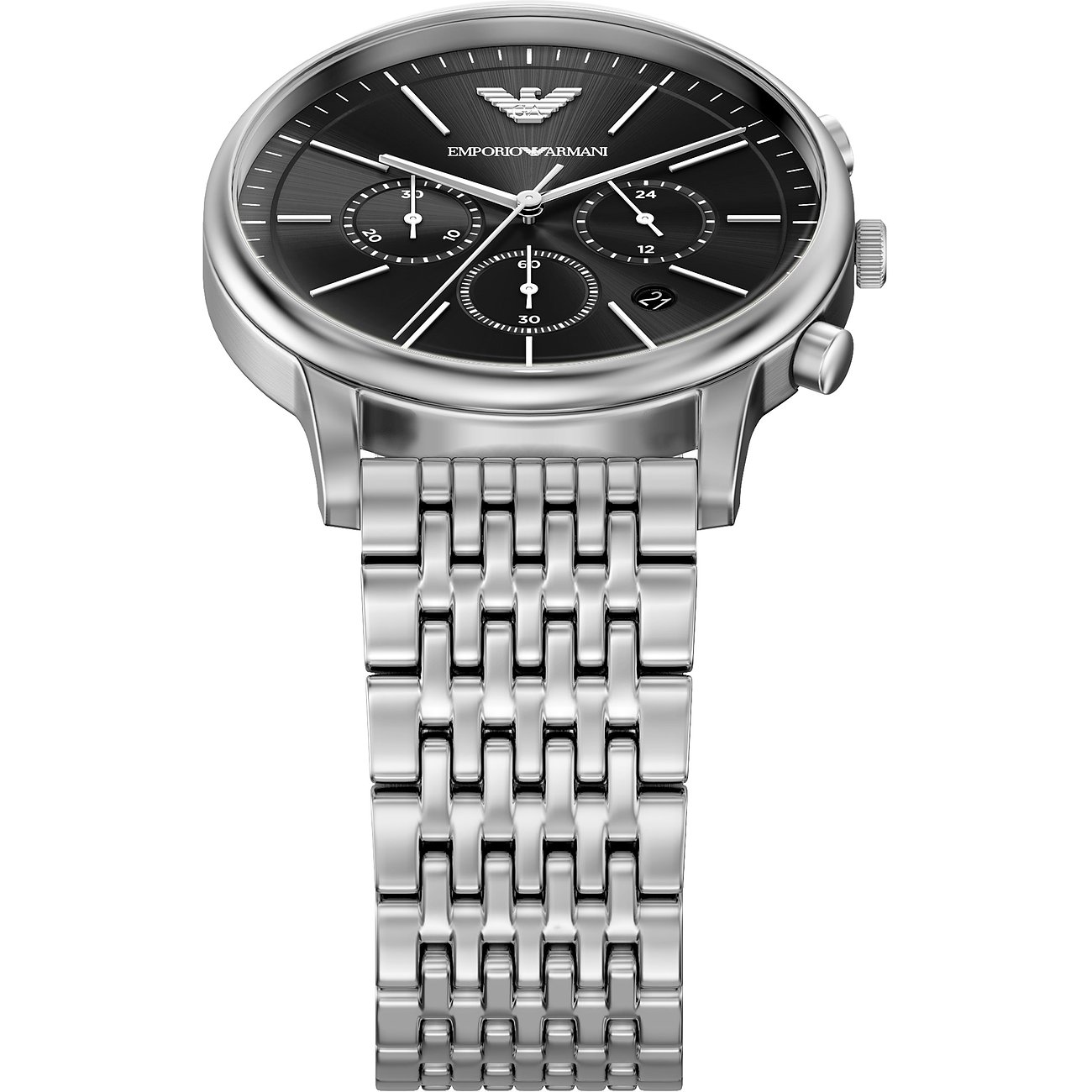 Orologio da uomo Emporio Armani in acciaio inox con cronografo, quadrante nero e lancette color argento.