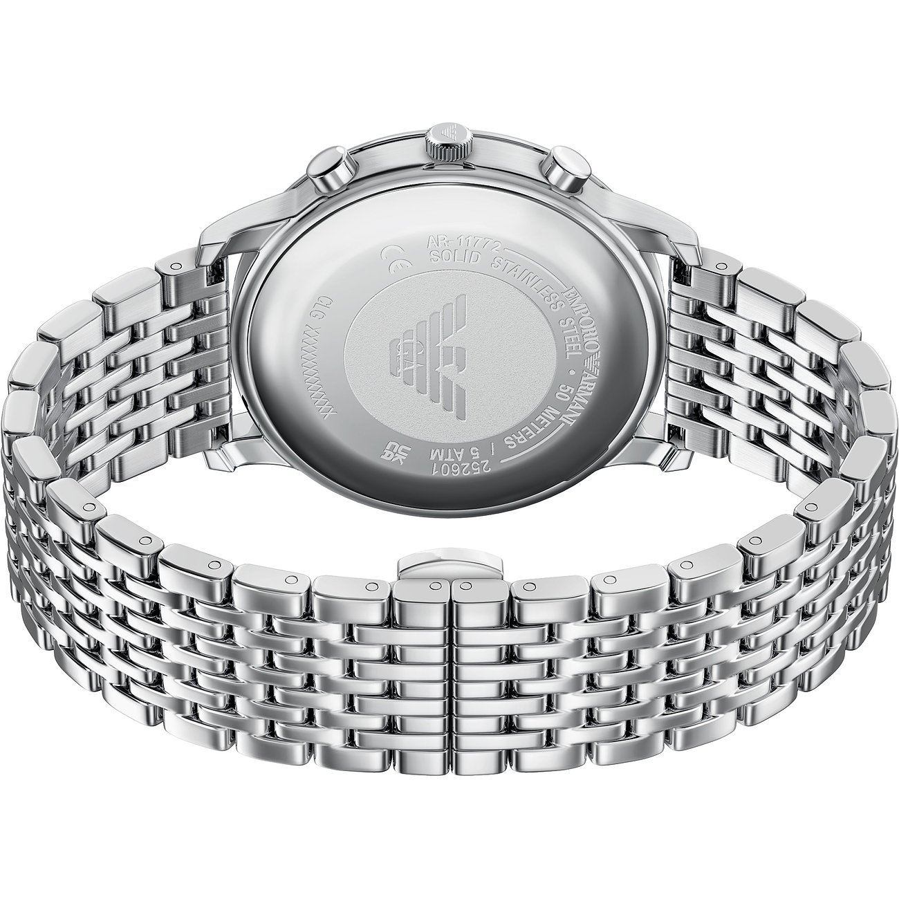 Vista posteriore orologio da uomo Emporio Armani in acciaio inossidabile con cinturino delicato e fondello inciso.