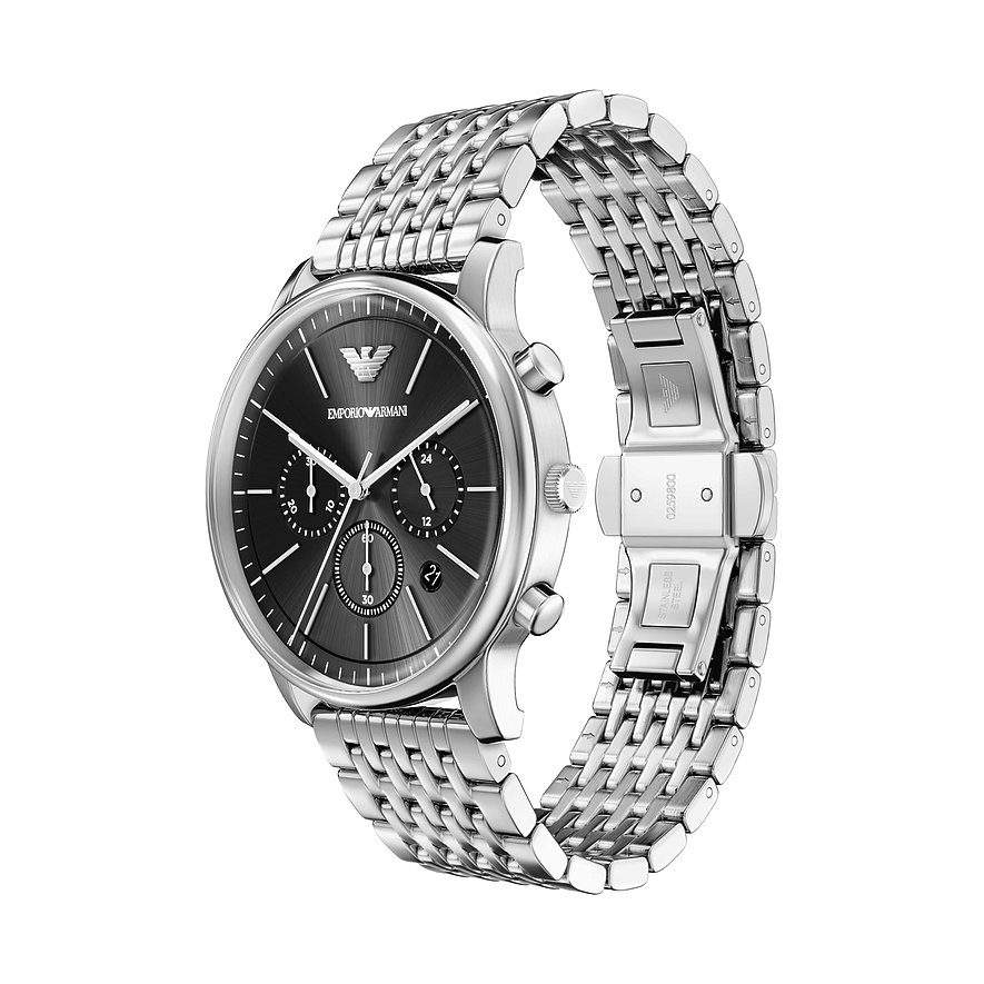 Orologio uomo Emporio Armani in acciaio, quadrante scuro, cronografo, vista frontale angolata.